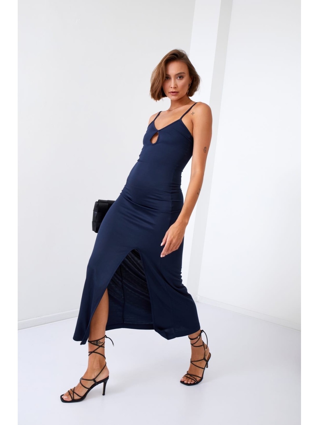 Smooth maxi dress on straps with a slit, navy blue 110570 - Online store - Boutique